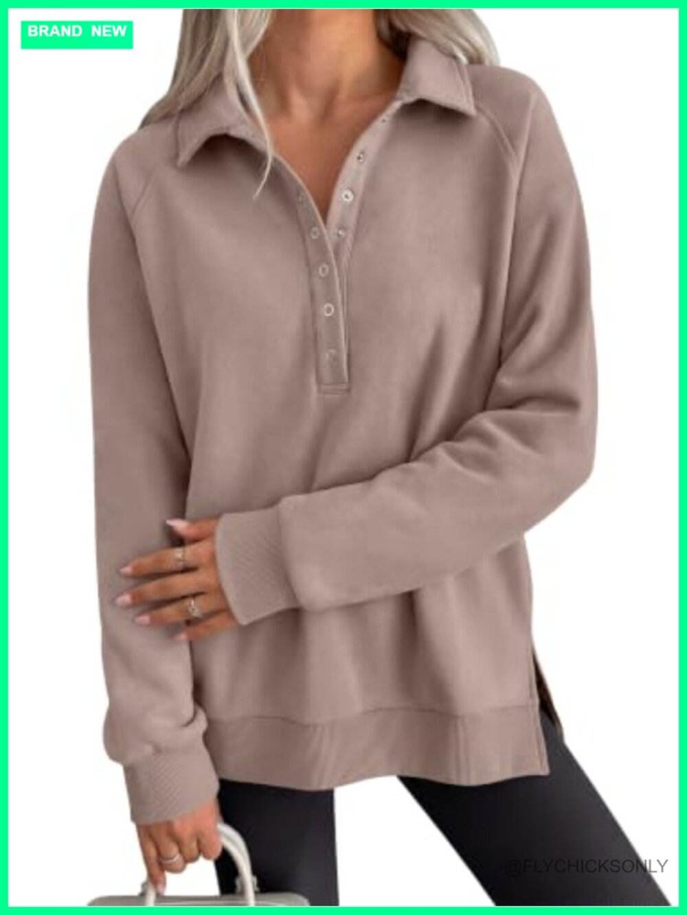 Oversized Button Up Henley Sweatshirt Fleece Lined Long Sleeve